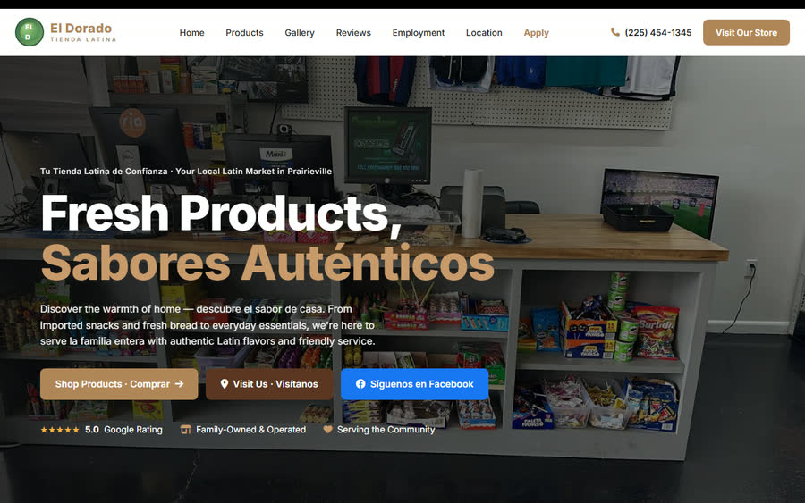 Homepage of the El Dorado Tienda Latina website