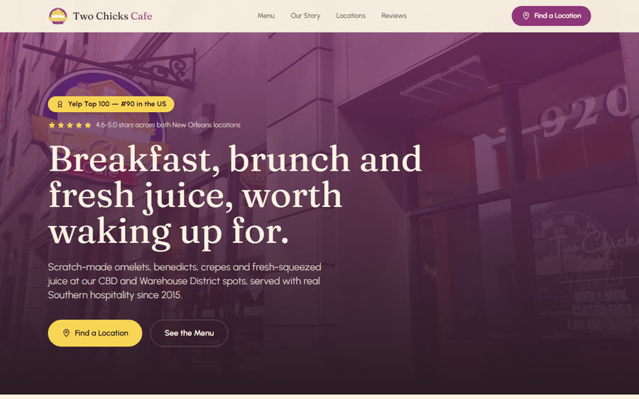 Homepage of the Two Chicks Cafe website
