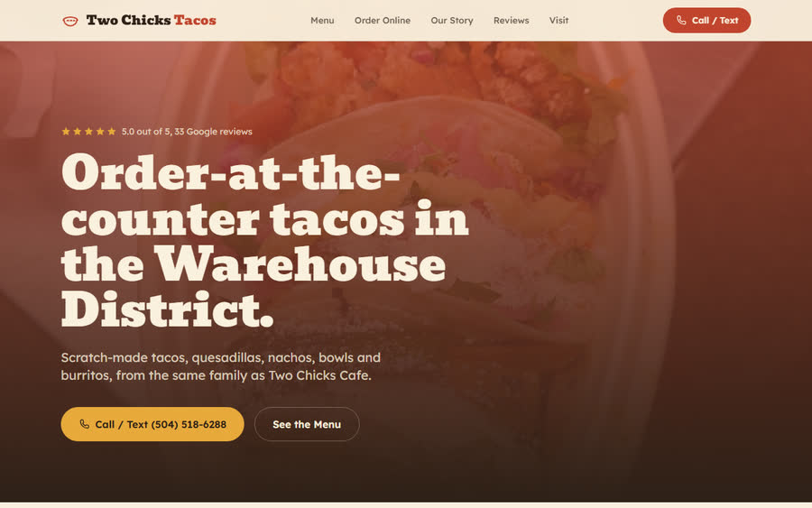 Homepage of the Two Chicks Tacos website